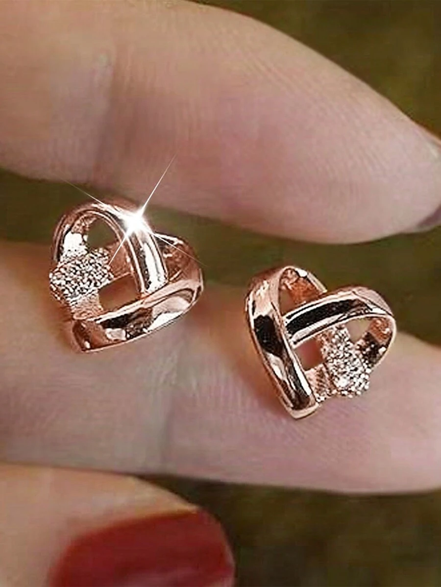 1 Đôi bông tai hình trái tim đính đá Cubic Zirconia, trang sức dành cho nữ, thích hợp làm quà cưới, đính hôn, kỷ niệm, tiệc tùng, quà tặng ngày Valentine. - Hoa hồng vàng - Xem 1