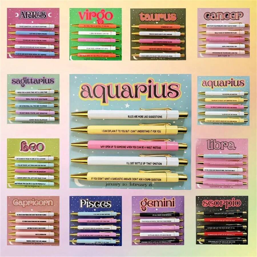 1 Set 12 Constellations Theme Retractable Ballpoint Pen, Various Colors Of Fun Pen, Black Ink 1.0mm Midpoint Quick Drying, Used For Writing Drawing Diary Notes, Birthday Office Gifts - Multicolor - View 1
