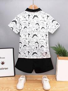 Young Boy Casual Jurassic Dinosaur Theme Printed Short Sleeve Polo Shirt And Solid Color Shorts Set - 黑與白 - 查看 2