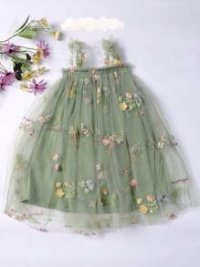 Vestido de princesa tutú para niña joven con correas bordadas de flores y banda para la cabeza a juego con flores