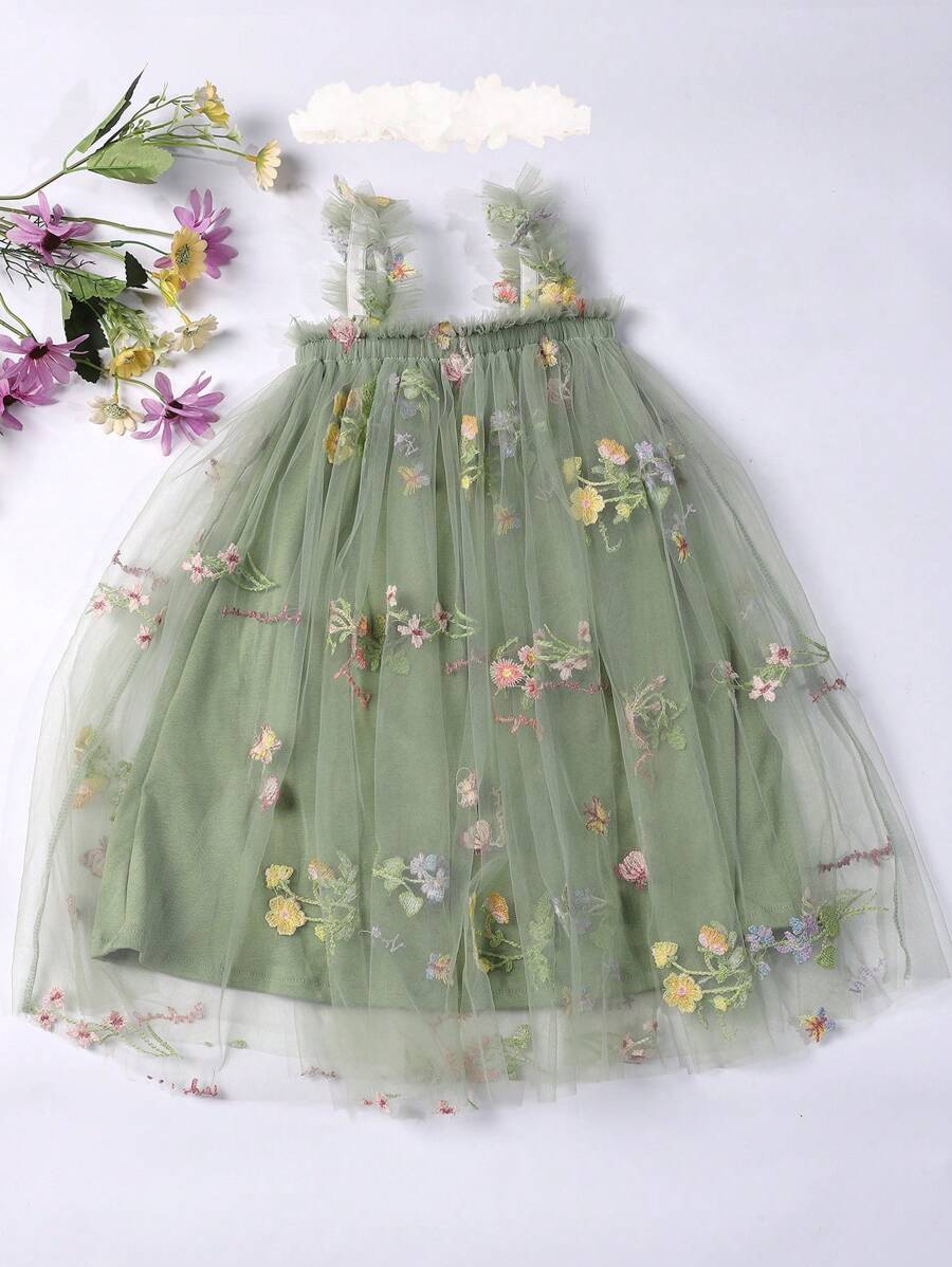 Vestido de princesa tutú para niña joven con correas bordadas de flores y banda para la cabeza a juego con flores