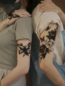 3入組大尺寸水彩飛蝴蝶暫時性紋身貼紙，適用於手臂、腰部、腿部和背部 - 黑色 - 查看 5