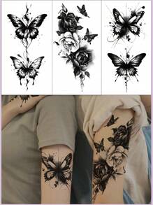 3入組大尺寸水彩飛蝴蝶暫時性紋身貼紙，適用於手臂、腰部、腿部和背部 - 黑色 - 查看 2