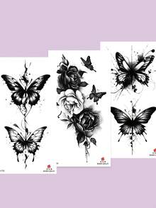 3入組大尺寸水彩飛蝴蝶暫時性紋身貼紙，適用於手臂、腰部、腿部和背部 - 黑色 - 查看 7