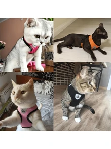 Correa para mascotas (gatos y perros) con arnés ajustable anti-escape para pecho y espalda, cuerda y collar reflectantes, de material de malla suave y transpirable