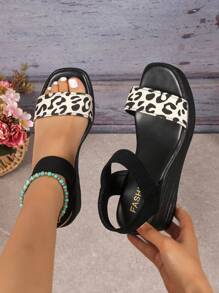 SHIHUA Women's Wedge Platform Sandals, 2024 Summer New Arrival Simple & Versatile Slip-On Casual Leopard Print Waterproof Thick Bottom Comfortable Shoes