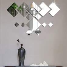 14片装DIY可移除镜面贴纸，亚克力镜面墙贴，适用于客厅、卧室、餐厅、办公室、健身房、咖啡厅等场所装饰。 - 銀色 - 查看 2