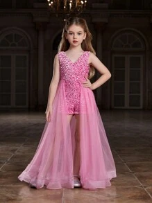 Tween Girl Sequin Waistband Mesh Splice Sleeveless Party Romper - Pink - View 6
