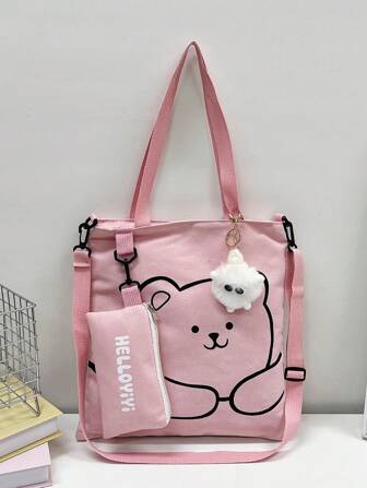 适合中小学生的卡通印花帆布单肩包，多功能且宽敞，适合多种场合的多功能包，返校、书包、学校用品、学校手提包、经典休闲，适合少女女大学生，非常适合返校、大学、户外、旅行、郊游、街头和日式风格女包