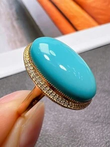 Un anillo original grande diseñado con forma ovalada y una piedra similar a la turquesa, joyería clásica y sencilla de estilo azul para compromiso/fiesta para uso diario de mujeres - azul real - Ver 1
