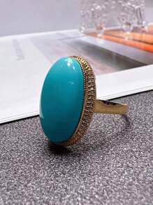 Un anillo original grande diseñado con forma ovalada y una piedra similar a la turquesa, joyería clásica y sencilla de estilo azul para compromiso/fiesta para uso diario de mujeres - azul real - Ver 3