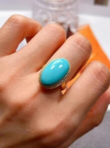 Un anillo original grande diseñado con forma ovalada y una piedra similar a la turquesa, joyería clásica y sencilla de estilo azul para compromiso/fiesta para uso diario de mujeres - azul real - Ver 4