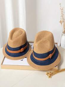 1pc Fashionable And Elegant Color Block Braided Straw Hat, Women's Sun Hat With Wide Brim For Beach Or Fishing, Unisex Retro Style Classic Vacation Travel Cap, Ideal For Daily Wear, Dating, Desert Photo Shoots, Parties, Gifts - Multicolor - View 4