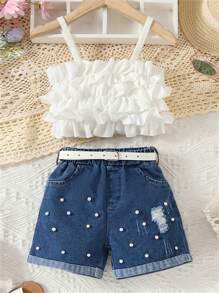 Conjunto de top de alça com aplique de renda e shorts Denim para meninas - Branco - Visão 1
