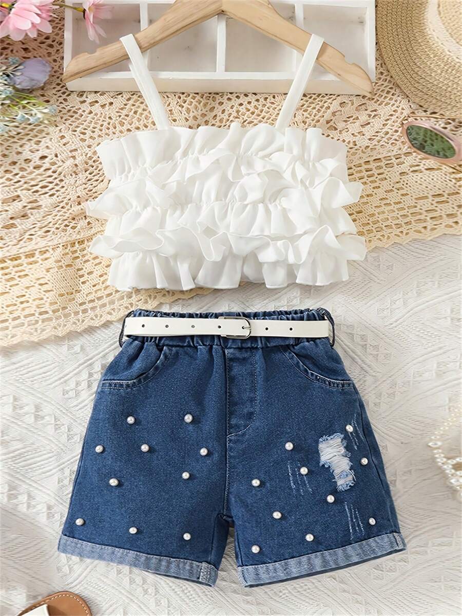 Conjunto de top de alça com aplique de renda e shorts Denim para meninas - Branco - Visão 1