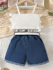 Conjunto de top de alça com aplique de renda e shorts Denim para meninas - Branco - Visão 2