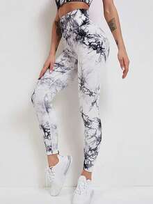 Pantalones teñidos de tie - Dye sin costura pantalones de yoga de cadera de melocotón pantalones de yoga de cintura alta y caderas levantadas para correr pantalones de fitness femeninos. Estilo: deportivo, informal, a la moda Color diario: negro blanco verde Talla:S,M,L - Blanco - Ver 3