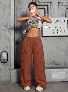 Women's Cargo Pants, High Waist, Elastic With Lycra, With Side Pockets, Sophisticated, Blogger - 鏽棕色 - 查看 6