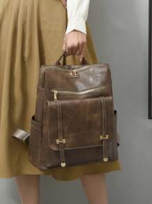 LECEY Large Capacity Brown PU Leather Women Backpack, School Backpack