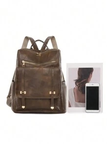 LECEY Large Capacity Brown PU Leather Women Backpack, School Backpack