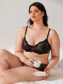 Lace Bra Sexy Non-Padded Plus Size Lingerie Underwire Bra - Black - View 5