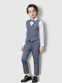 Traje de vestir para niño, set de 4 piezas de camisa blanca + chaleco + pantalones + corbatín para eventos escolares y presentaciones, ropa formal de caballero - Gris Claro - Ver 1