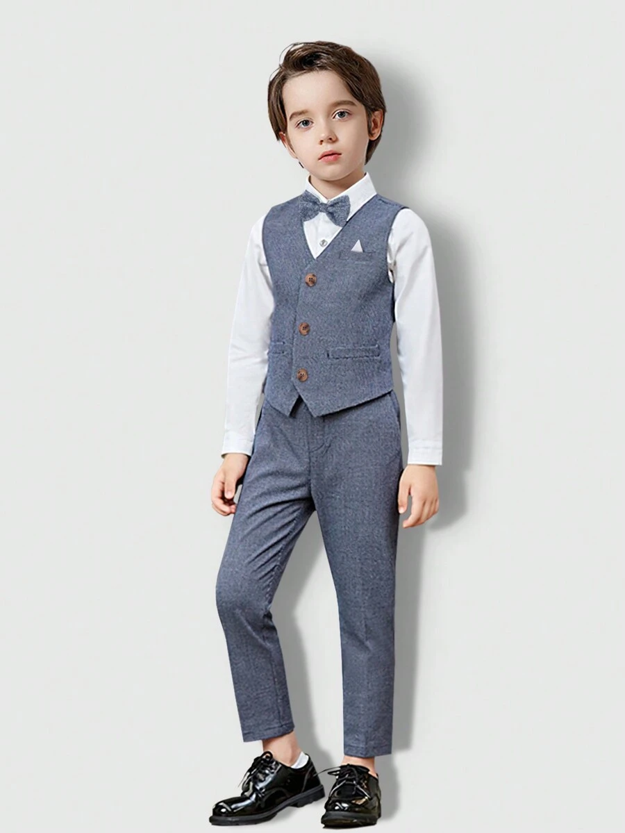 Traje de vestir para niño, set de 4 piezas de camisa blanca + chaleco + pantalones + corbatín para eventos escolares y presentaciones, ropa formal de caballero - Gris Claro - Ver 1