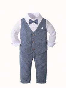 Traje de vestir para niño, set de 4 piezas de camisa blanca + chaleco + pantalones + corbatín para eventos escolares y presentaciones, ropa formal de caballero - Gris Claro - Ver 2