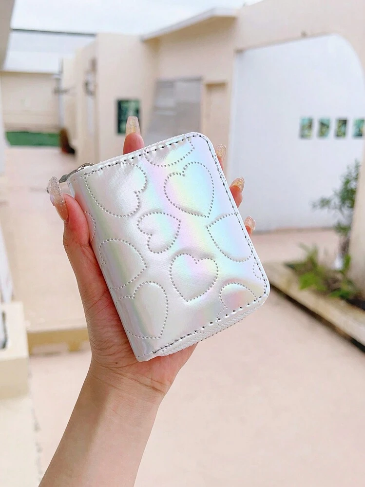 Portamonete Da Donna In Pelle PU Con Motivo A Cuore - Mini Portafoglio Ultrasottile Con 2 Slot Per Carte, Finestra ID E Tasca Con Cerniera - Nero