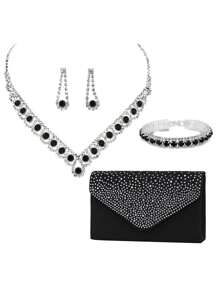 Women Party Luxurious Elegant Rhinestone Clutch Bag Chain Shoulder Bag Dress Bag With Adjustable Bracelet, Earrings And Necklace Set - Black - View 1