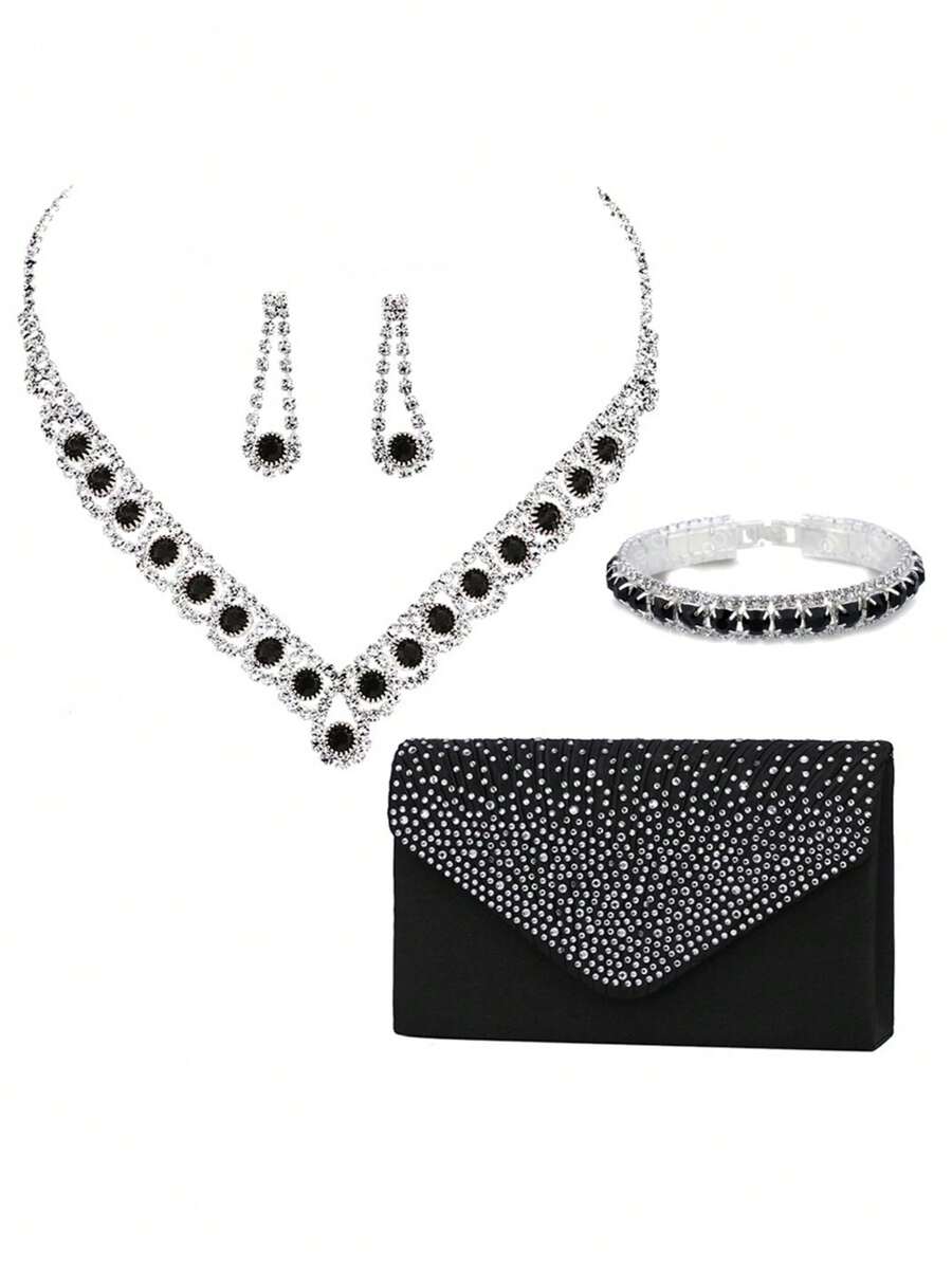 Women Party Luxurious Elegant Rhinestone Clutch Bag Chain Shoulder Bag Dress Bag With Adjustable Bracelet, Earrings And Necklace Set - Black - View 1