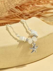 1 pieza Tobillera personalizada con diseño de colgante de piedra, cuentas aleatorias, cuentas lechosas y estrella de mar, en estilo bohemio de playa, perfecta como regalo para vacaciones y citas para mujeres - estrella de mar - Ver 6