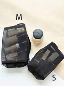 1pc Portable & Simple Travel Makeup Brush Storage Bag With Nylon Mesh, Large Capacity Cosmetic Bag, Ideal For Lipstick, Cushion Puff & Brush, Classic Design, Black Transparent, Good Choice As A Gift