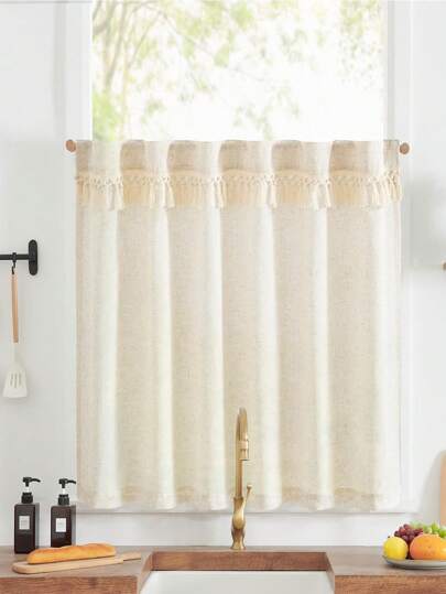 1入日式米色亞麻手編花邊掛簾，帶插袋，適用於窗戶/廚房/客廳/農舍/鄉村/浴室，耐用柔軟