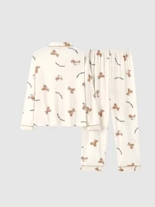 可愛小熊領睡衣套裝，女士春秋季長袖睡衣，可愛柔軟的女生兩件式家居服裝，可外穿