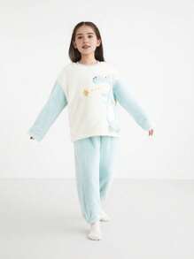 Annil Boys And Girls Winter Thickened Warm Pajamas Soft And Comfortable Velvet Kids Home Clothes Set Green