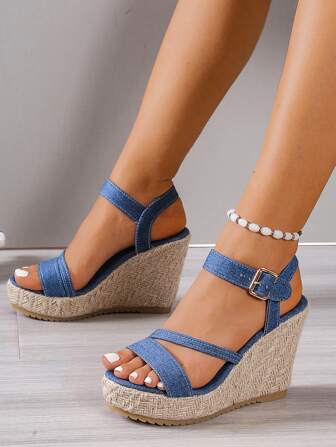 女士蓝色夏季假日编织厚底坡跟凉鞋，女士加大码 35-43，复古扣式设计高跟坡跟鞋，厚草底帆布厚底，夏季沙滩凉鞋，防水