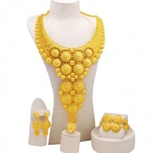 4入組奢華風格珠寶套裝，包含24K鍍金耳環、戒指、手鐲和項鍊，適用於新娘或婚禮 - 金黃色 - 查看 6