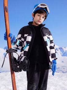 Annil 男童冬季黑白格子时尚立领保暖滑雪户外运动羽绒服 - 黑與白 - 查看 1