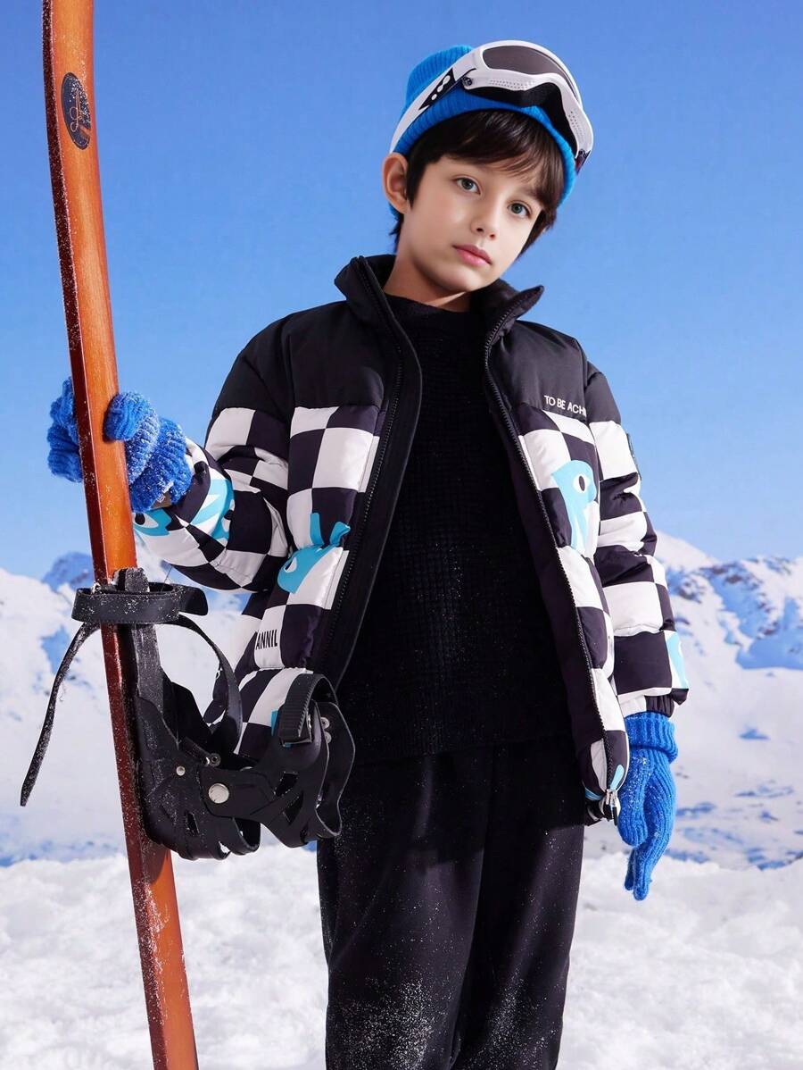 Annil 男童冬季黑白格子时尚立领保暖滑雪户外运动羽绒服 - 黑與白 - 查看 1