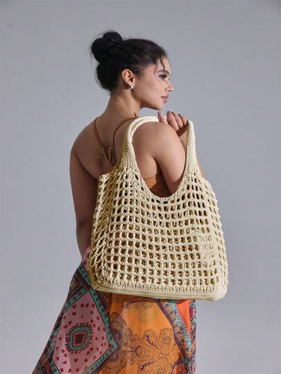 Original Design Women's Large Size Knitted Beach Bag Handbag, Summer Shoulder Bag With Hollow-Out Weaving, Reusable  Tote Bag, Lightweight And Casual, Suitable For Graduates, Teen Girls, Freshmen, Sophomores, Holidays Or Beach Trips