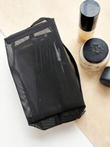 1pc Portable & Simple Travel Makeup Brush Storage Bag With Nylon Mesh, Large Capacity Cosmetic Bag, Ideal For Lipstick, Cushion Puff & Brush, Classic Design, Black Transparent, Good Choice As A Gift