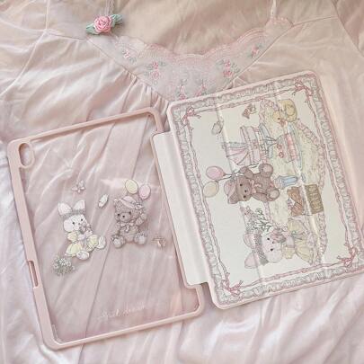 One Beautiful And Cute Dual-Painted Acrylic Transparent Back Cover Case, With A Bear And Rabbit Design, Anti-Fall Protection, And Sleep/Wake Compatibility. Compatible With Ipad And .