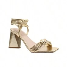 Sandália Feminina Dourada Salto Bloco Confortável Brilho