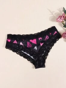 Plus Heart Print Contrast Lace Panty - Black - View 4