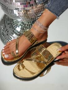 Plus Size Women Flat Sandals With Toe Ring, Gold Floral Pattern Non-Slip Casual Shoes, Open Toe Outdoor Beach Sandals
