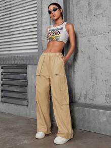 Calça Cargo Feminina, Cintura Alta, Elastico Com Lycra, Com Bolsos Nas Laterais, Sofisticada, Bloguerinha - Bege - Visão 1
