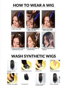 1 pieza de flequillo largo y rizado con clips y flequillo falso de extensión de cabello de dos lados delanteros, sintético y natural, con partición central para mujeres - Negro - Ver 9