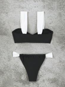 New Spring/Summer Women's Elegant Fashion Black & White Ruched Bikini Swimsuit, Suitable For Beach, Vacation, Party, Date - Black - View 4