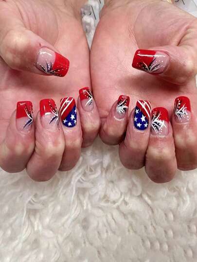 7月4日の独立記念日用 長いアーモンド形の3Dカラフルネイルパッチ24個セット、ジェリージェルとネイルファイル付属、女性や女の子がヨーロッパやアメリカで使用するのに非常にユニークでクリエイティブなデザイン